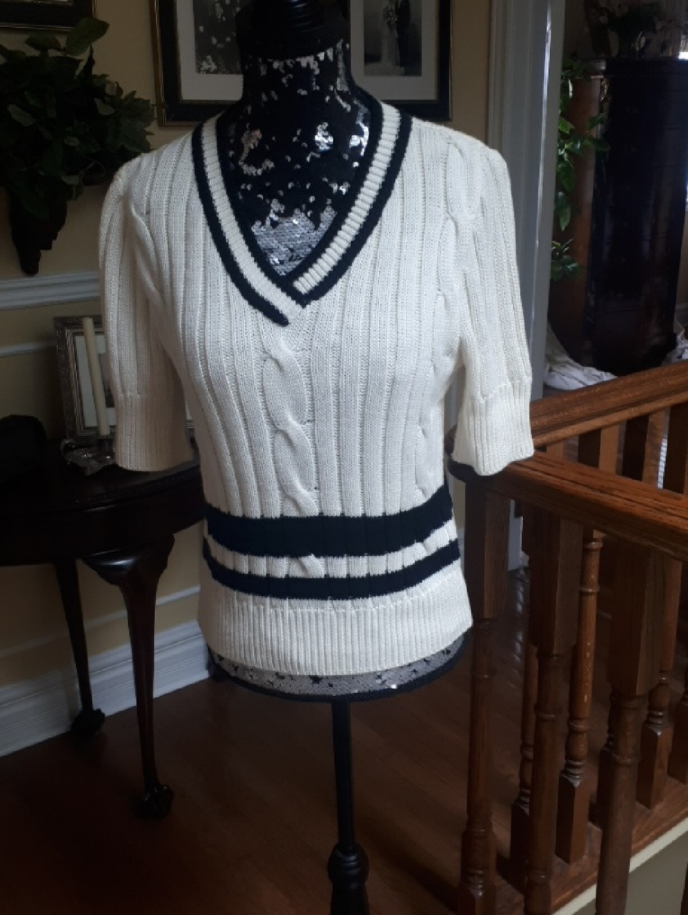 RODIER Cream V-Neck Cable Knit Top with Black Trim
